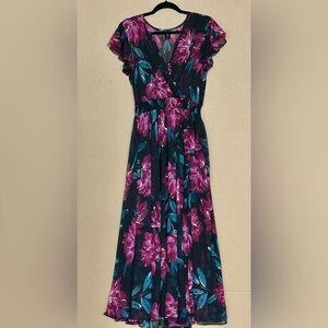 Floral‎ V-Neck Maxi Dress - Purple Black Gold and Teal size 12